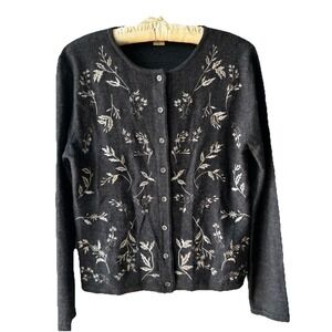 Vintage Eddie Bauer 100% Wool Cardigan‎ Women's M Embroidered Floral Sweater